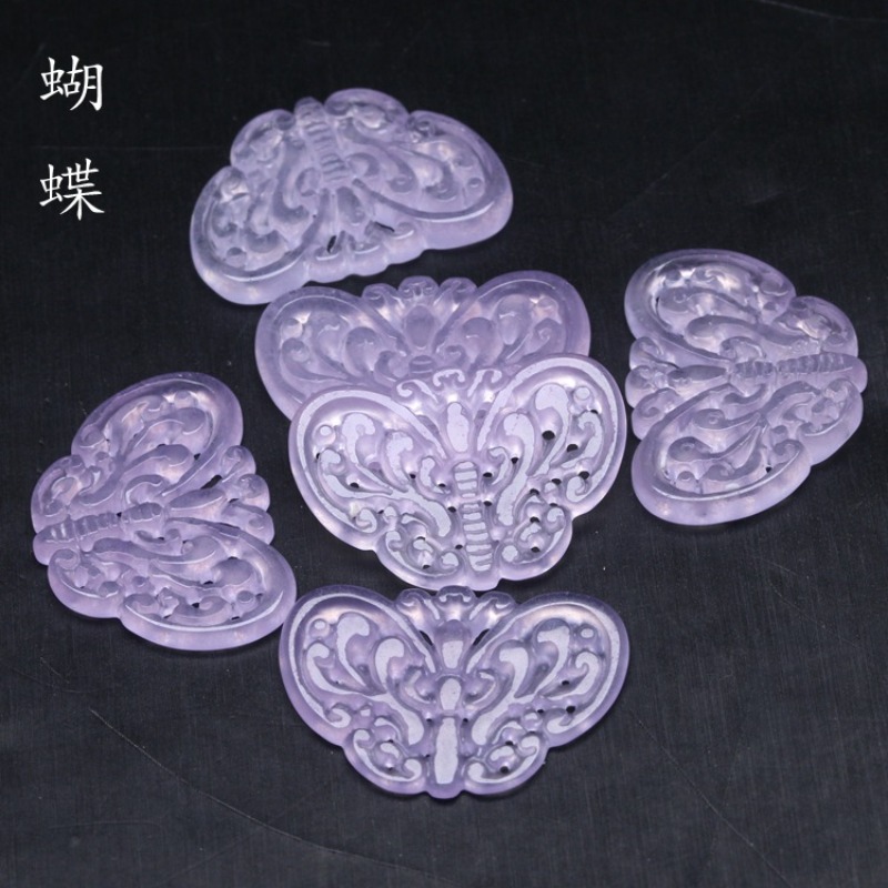 Beading - 2pc ナチュラルパープルヒスイ中空ビーズ蝶ペンダント翡翠エメラルド DIY イヤリングネックレスジュエリーファッションアクセサリー
