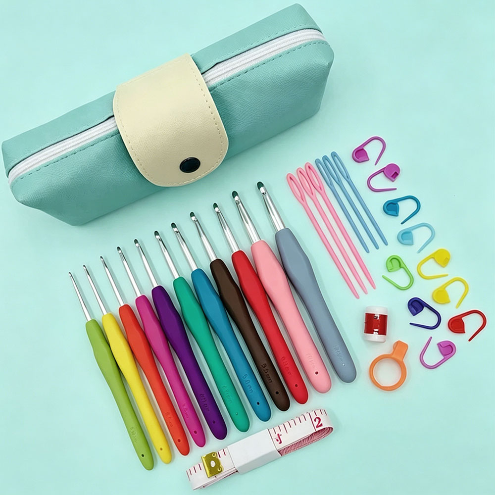 Sewing - 37個のかぎ針編みフックキット、収納バッグ付き、ソフトハンドルのかぎ針、編み針セット、初心者向けDIY縫製織りツール
