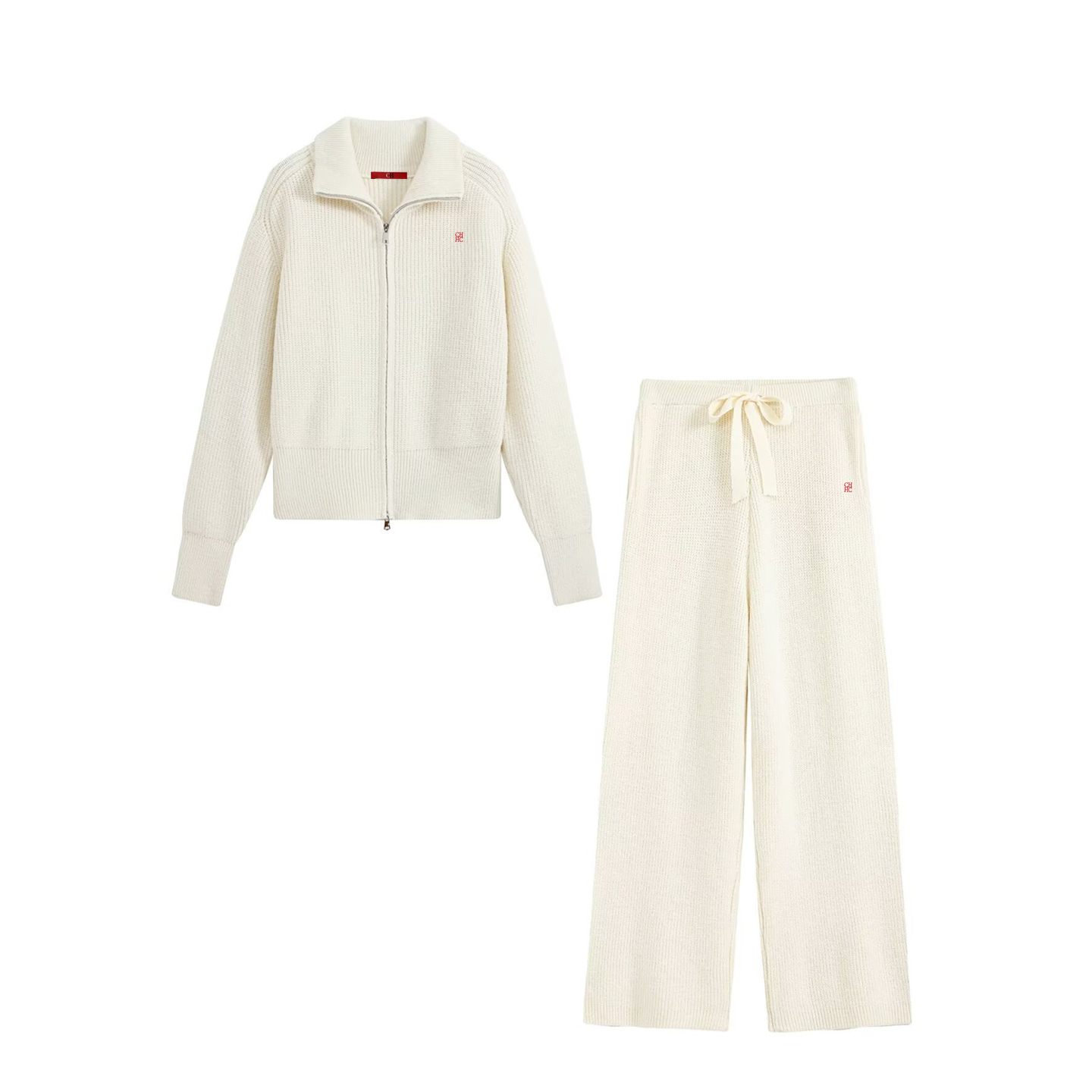レディース ジップアップカラーニット ツーピースセット レッ - Embroidery のレビューと価格