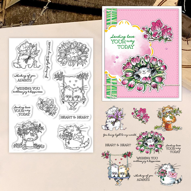 サンクラフト キュートな子猫と花柄クリアスタンプ DIY ス - Clear Silicone Stamps For Card Making のレビューと価格
