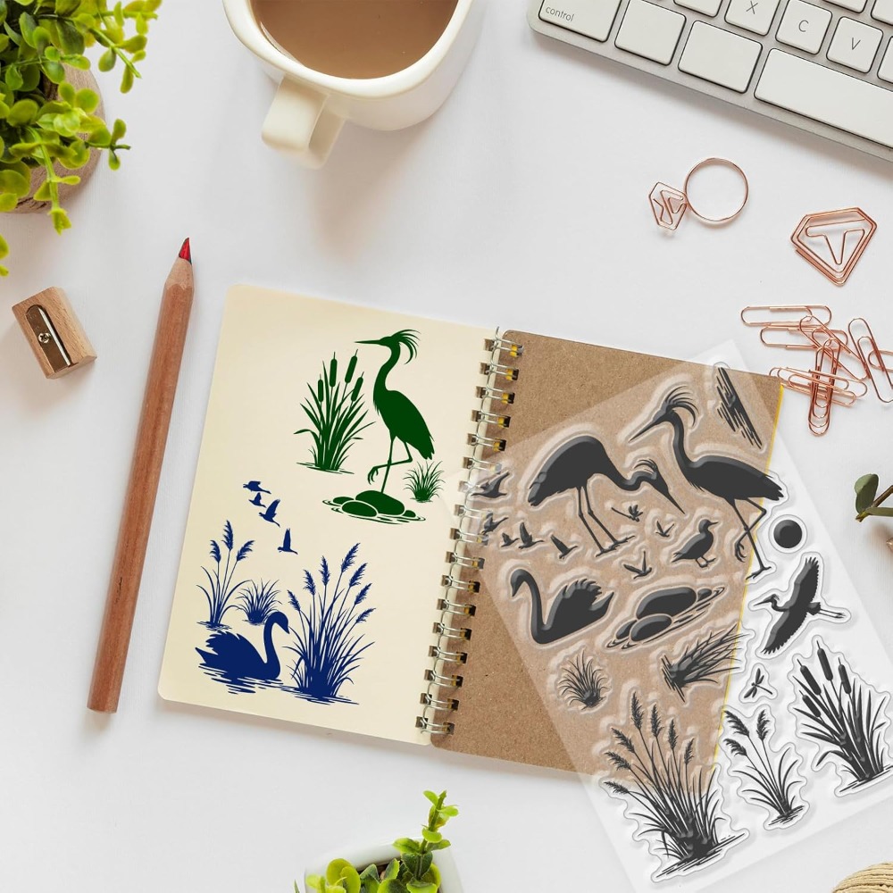 湿地の鳥パターンクリアスタンプリードシリコンスタンプシール  - Clear Silicone Stamps For Card Making のレビューと価格