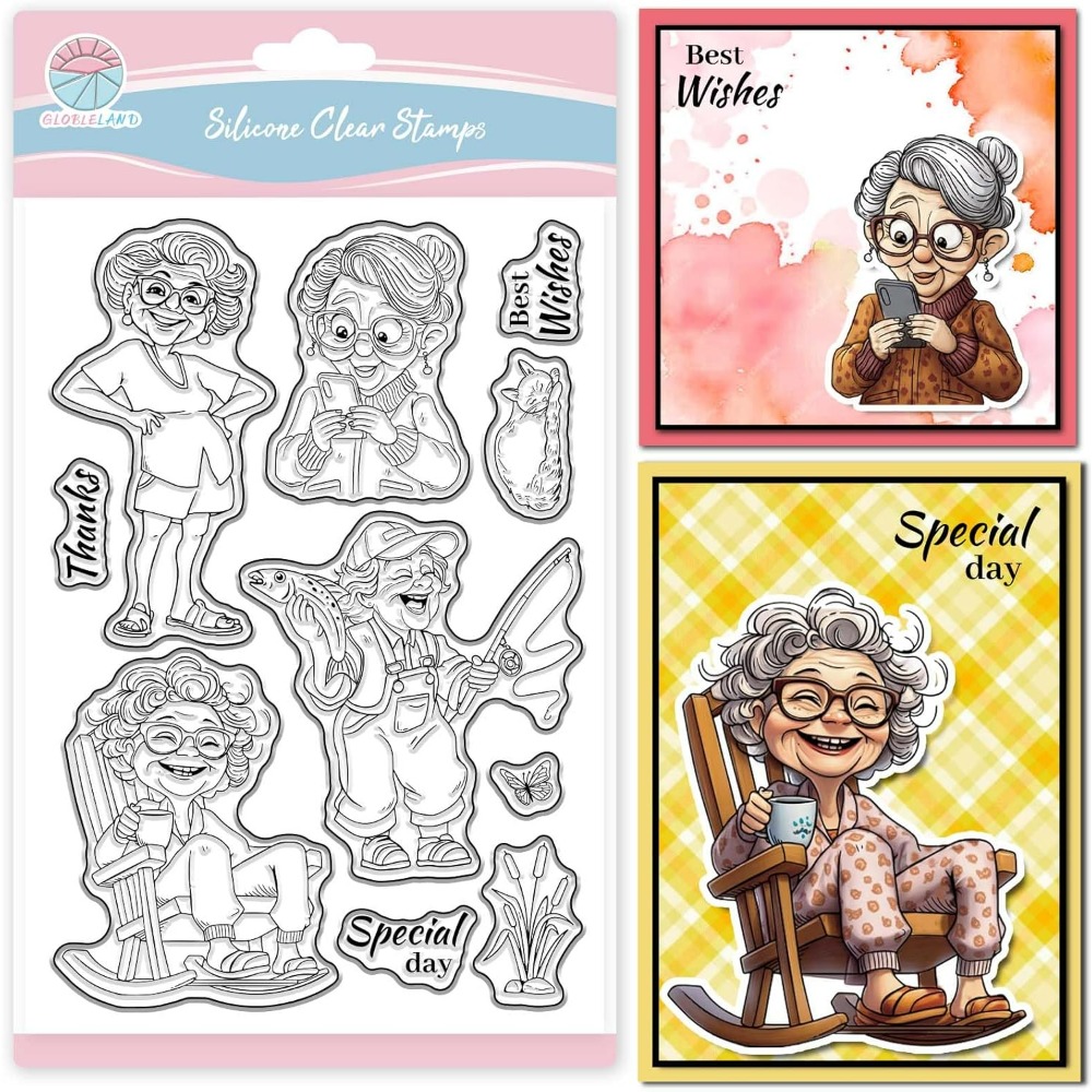 笑顔の老婦人クリアスタンプ スクラップブッキング用 釣り祖母 - Clear Silicone Stamps For Card Making のレビューと価格