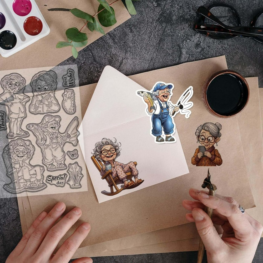 笑顔の老婦人クリアスタンプ スクラップブッキング用 釣り祖母 - Clear Silicone Stamps For Card Making のレビューと価格